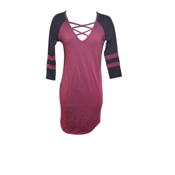 Bozzolo Tops - Bozzolo Womens ¾ Length Sleeve Burgundy Black Sporty Striped Dress Tunic Size S